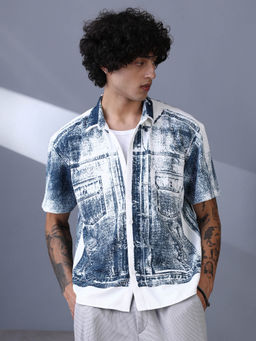 Campus Sutra - Men Navy Blue Denim Imprint Relaxed Shirt