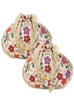 Anekaant - Dangle Cream & Multi-Color Floral Embroidered Faux Silk Potlis Combo (Pack Of 2)