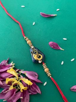 Digital Dress Room - Blue Marble Stone Lord Ganesha & Om Rakhi Beads Red Thread Rakhee