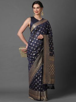 Akhilam - Nevy Blue Wedding Silk Blend Woven Design Saree with Unstitched