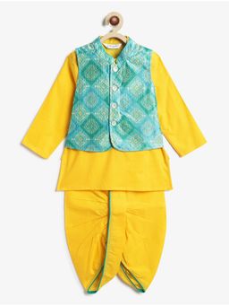 Campana - Cotton Full Sleeves Dhoti Kurta With Embroidered Jacket Yellow & Blue