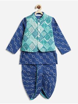 Campana - Cotton Full Sleeves Printed Dhoti Kurta With Jacket Blue & Green