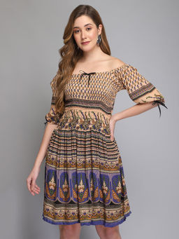 Aditi Wasan - Beige with Multicolour Floral Print Knee Length Dress