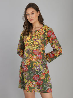 Aditi Wasan - Green Floral Embroidered Mini Dress