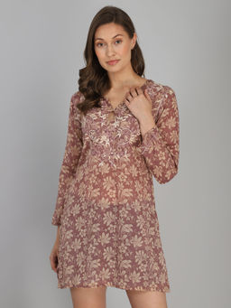 Aditi Wasan - Mauve Hand Embroidered Cotton Mini Dress
