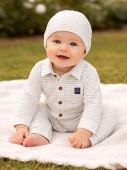 Mi Arcus - Stripes Design Cotton Full Sleeves Romper with Cap- Off White