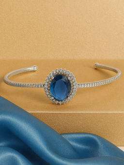 Estele - Premium Navy Blue CZ Oval Cuff Kada - Rhodium Jewellery