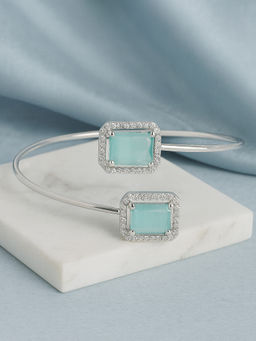 Estele - Modern Mint Green Square AD Cuff Kada in Rhodium Finish