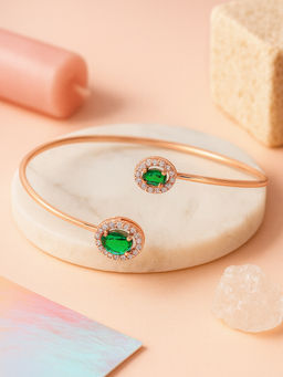 Estele - Rose gold AD Oval Cuff Kada in Green Sparks