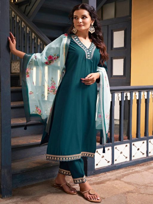 BLACK SCISSOR Embellished Teal Kurta with Pant and Dupatta (Set of 3)