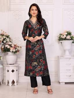 Rangita - Women Black Viscose Embroidered Straight Calf Length Kurta with Pant (Set of 2)