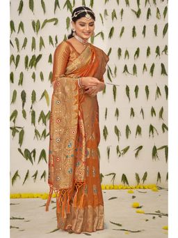 Sangam Prints - Orange Organza Woven Zari Work Traditional Tassel Saree with Unstitched Blouse