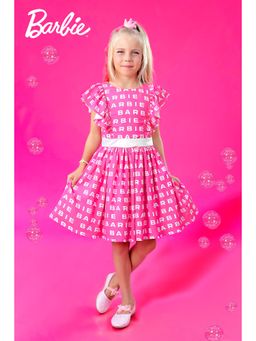 TINY GIRL - Barbie Logo Printed Pink Fit and Flare Dress