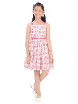 TINY GIRL - Barbie Hot Pink Sleeveless Fruits Printed stylish Party Dress with Belt