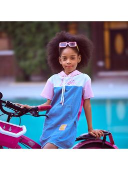 TINY GIRL - Barbie Pink and Blue Denim Hoodie Stylish Party Dress