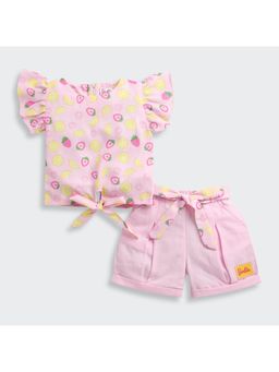 TINY GIRL - Barbie Pink Fruits Printed Top and Shorts with Belt
