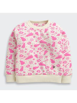 TINY GIRL - Barbie Cream Christmas Theme Printed Full Sleeves Sweatshirt