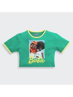 TINY GIRL - Barbie Green Brand Logo Printed Half Sleeves T-shirt