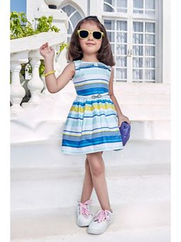 TINY GIRL - Cotton Sleeveless Stripes Dress with Belt - Blue