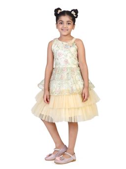 TINY GIRL - Sleeveless Floral Embroidered and Applique Detailed Layered Dress - Fawn