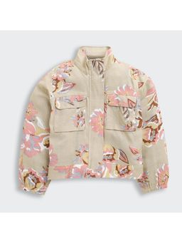 TINY GIRL - Cotton Woven Full Sleeves Floral Printed Zipper Jacket - Fawn