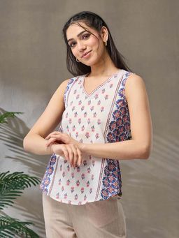 Fabindia - White Cotton Hand Block Printed Top