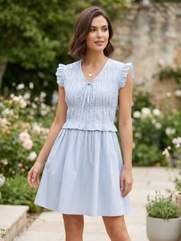 AAREIN - Blue V Neck Cotton Smocked Mini Dress