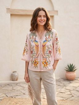 AAREIN - Pink Linen Parrot Printed Top