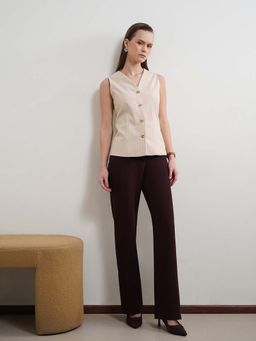 FABLE STREET - Striped V-Neck Waist Top - Beige