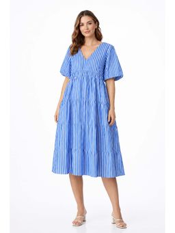 NOBARR - Women Blue Striped Cotton Midi Dress
