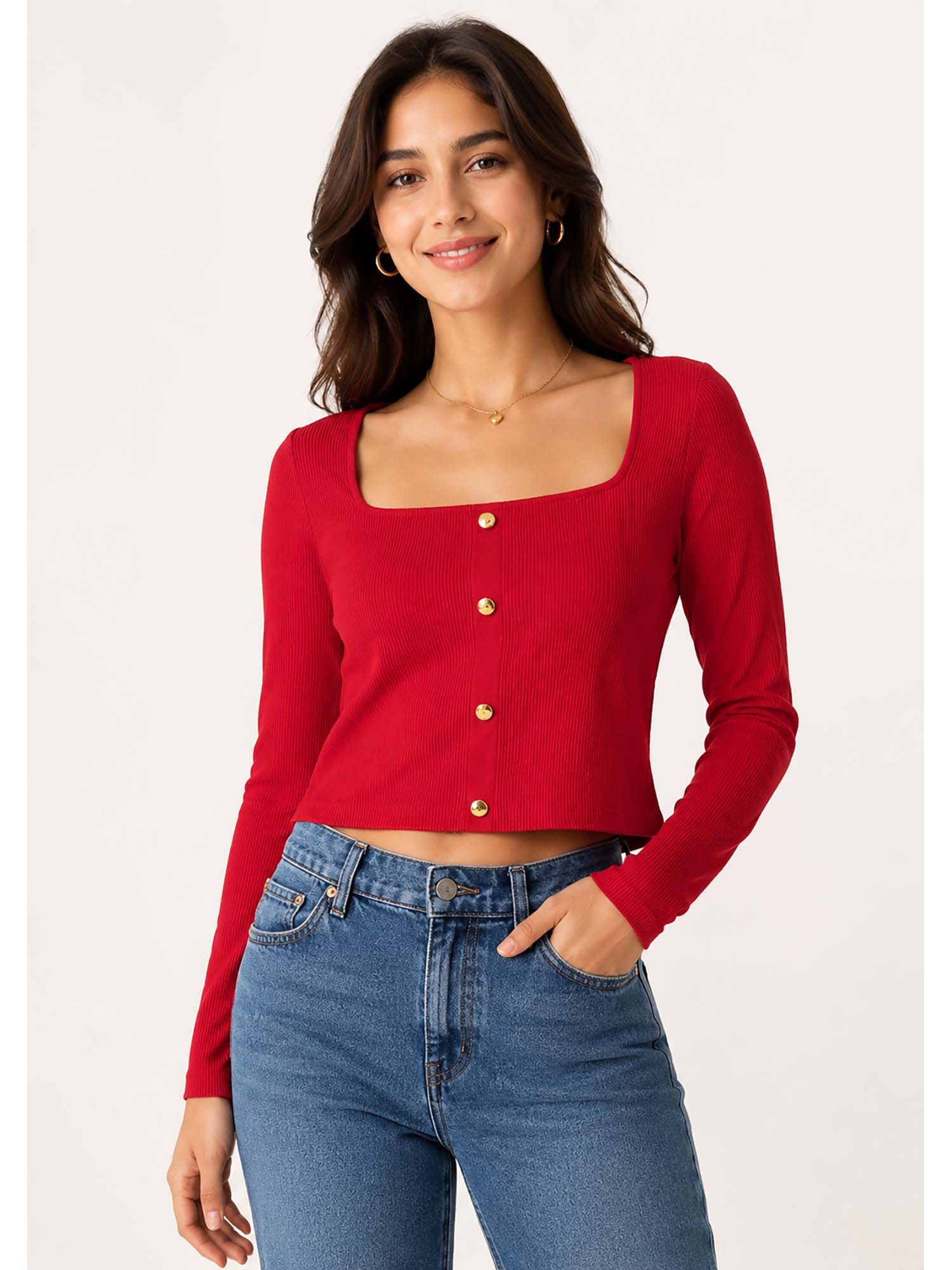 nobarr Women Red Ribbed Button Front Stretchable Knitted Viscose Top-picture-14