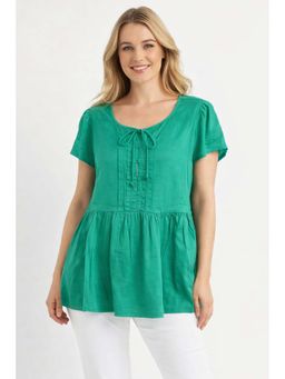 NOBARR - Womens Green Round Neck Short Sleeve Loose Fit Casual Peplum Style Top