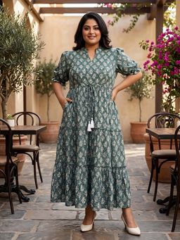 Indietoga - Womens Plus Size Green Motifs Printed Cotton Tiered A-Line Maxi Dress