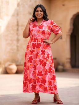 Indietoga - Womens Plus Size Red Floral Printed Polyester Crepe Fit And Flare Maxi Dress