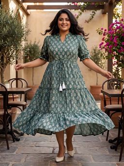 Indietoga Plus Size - Womens Plus Size Green Motifs Print Cotton Tiered A-Line Maxi Dress