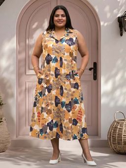 Indietoga Plus Size - Women Plus Size Yellow Floral Printed Cotton A-Line Midi Dress
