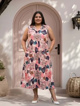 Indietoga Plus Size - Women Plus Size Pink Floral Printed Cotton A-Line Midi Dress
