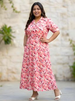 Indietoga Plus Size - Womens Plus Size Pink Floral Printed Flare Maxi Dress