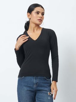 Trend Arrest - V Neck Long Sleeve Black Top
