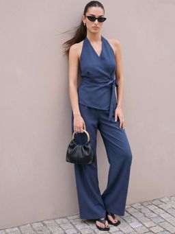 Outzidr - Navy Blue Halter Wrap Neck Co-Ord Set