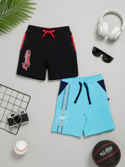 3PIN - Boys Blue-Black Typography Cotton Regular Fit Shorts (Pack of 2)
