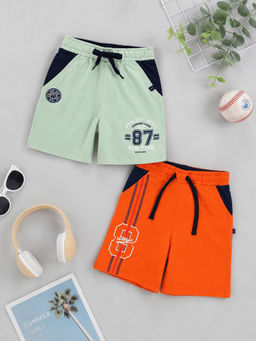3PIN - Boys Orange-Green Typography Cotton Regular Fit Shorts (Pack of 2)