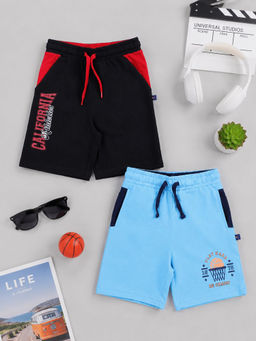 3PIN - Boys Black-Blue Typography Cotton Regular Fit Shorts (Pack of 2)