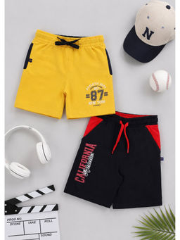 3PIN - Boys Black-Yellow Typography Cotton Regular Fit Shorts (Pack of 2)
