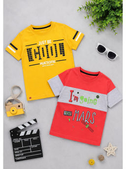 3PIN - Boys Red-Yellow Cotton Typography Printed T-shirts (Pack of 2)