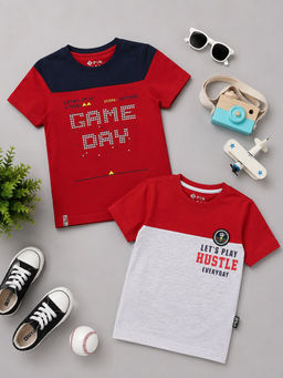 3PIN - Boys Red Cotton Typography Printed T-shirts (Pack of 2)