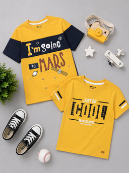 3PIN - Boys Yellow Cotton Typography Printed T-shirts (Pack of 2)