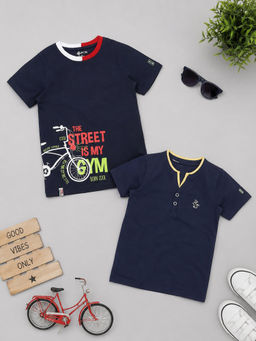 3PIN - Boys Navy Blue Cotton Typography Printed T-shirts (Pack of 2)