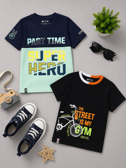 3PIN - Boys Multi-Color Cotton Typography Printed T-shirts (Pack of 2)