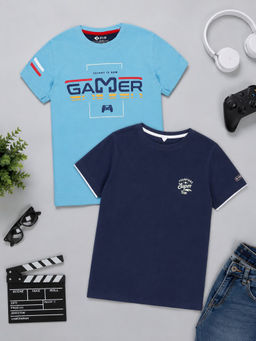 3PIN - Boys Blue-Navy Blue Cotton Typography Printed T-shirts (Pack of 2)